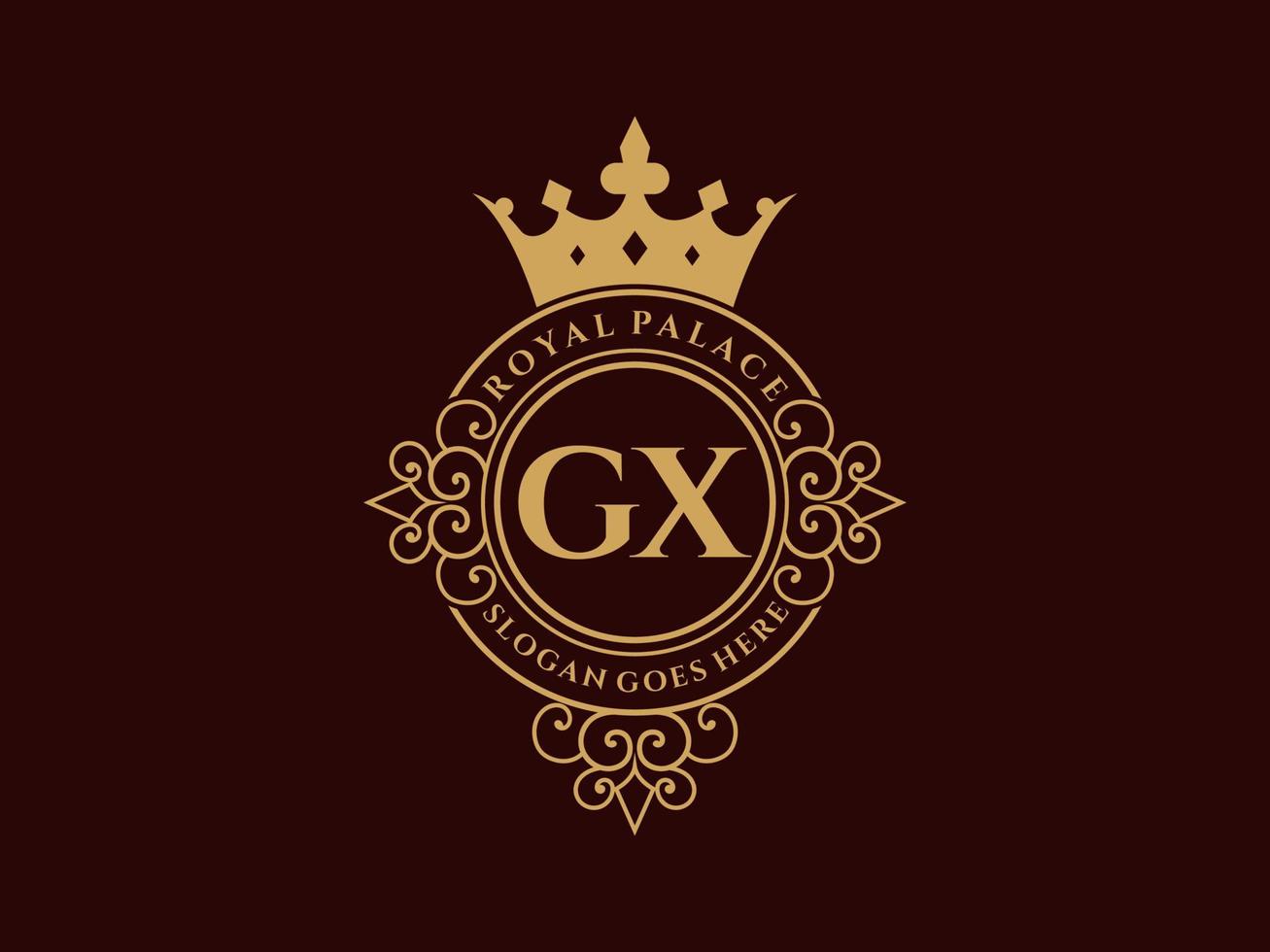 Letter GX Antique royal luxury victorian logo with ornamental frame. vector