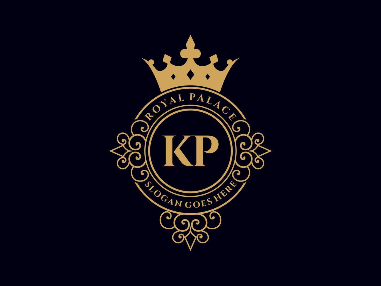 Letter KP Antique royal luxury victorian logo with ornamental frame. vector