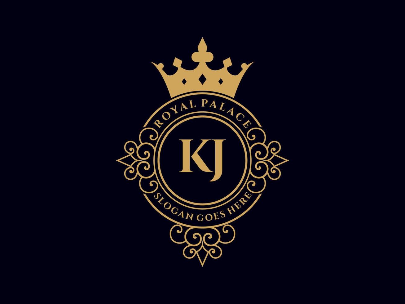 letra kj logotipo victoriano de lujo real antiguo con marco ornamental. vector