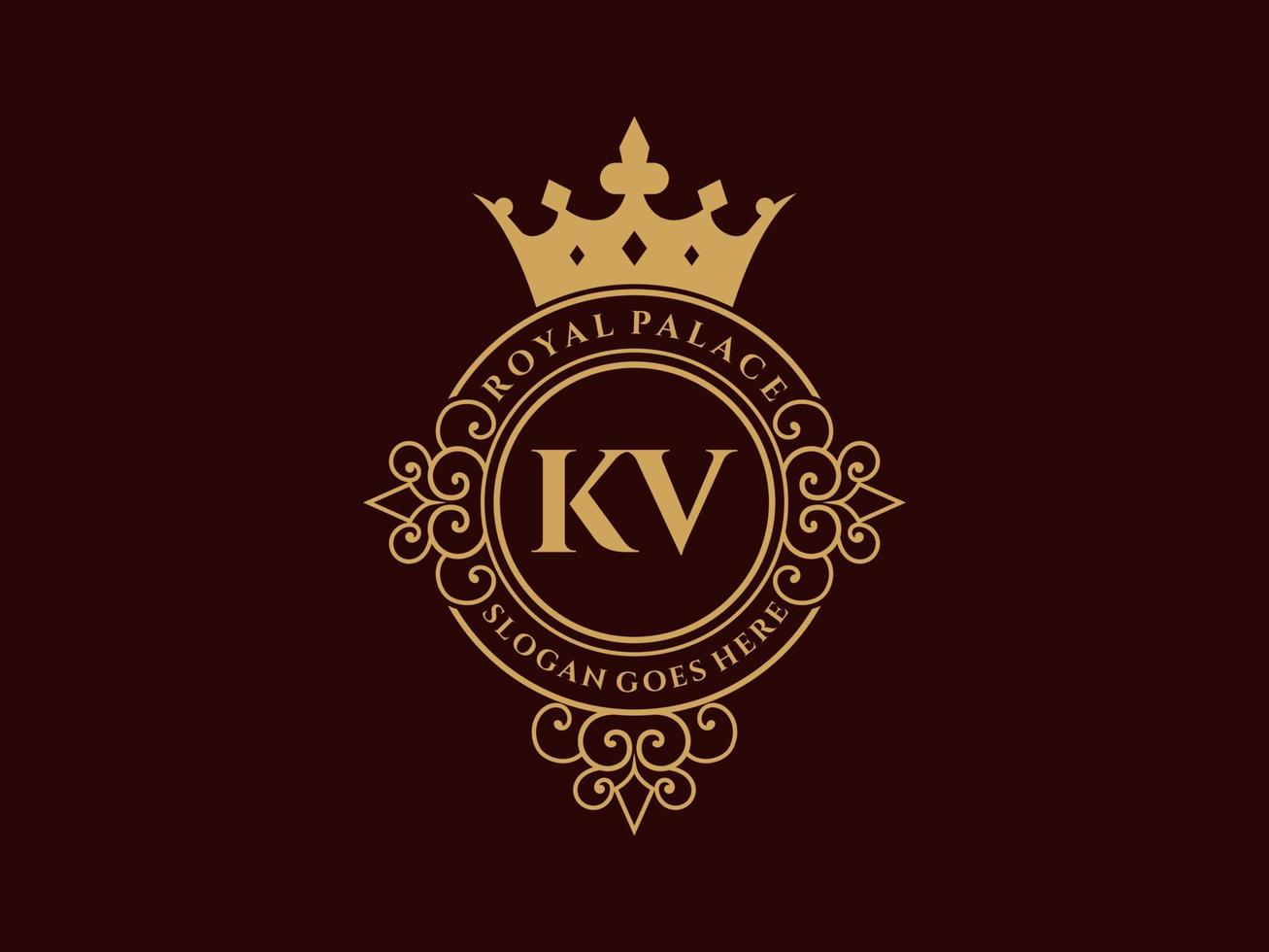 letra kv logotipo victoriano de lujo real antiguo con marco ornamental. vector