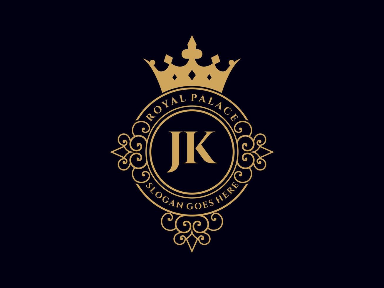 Letter JK Antique royal luxury victorian logo with ornamental frame. vector