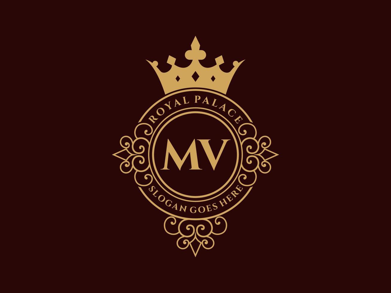 Letter MV Antique royal luxury victorian logo with ornamental frame. vector