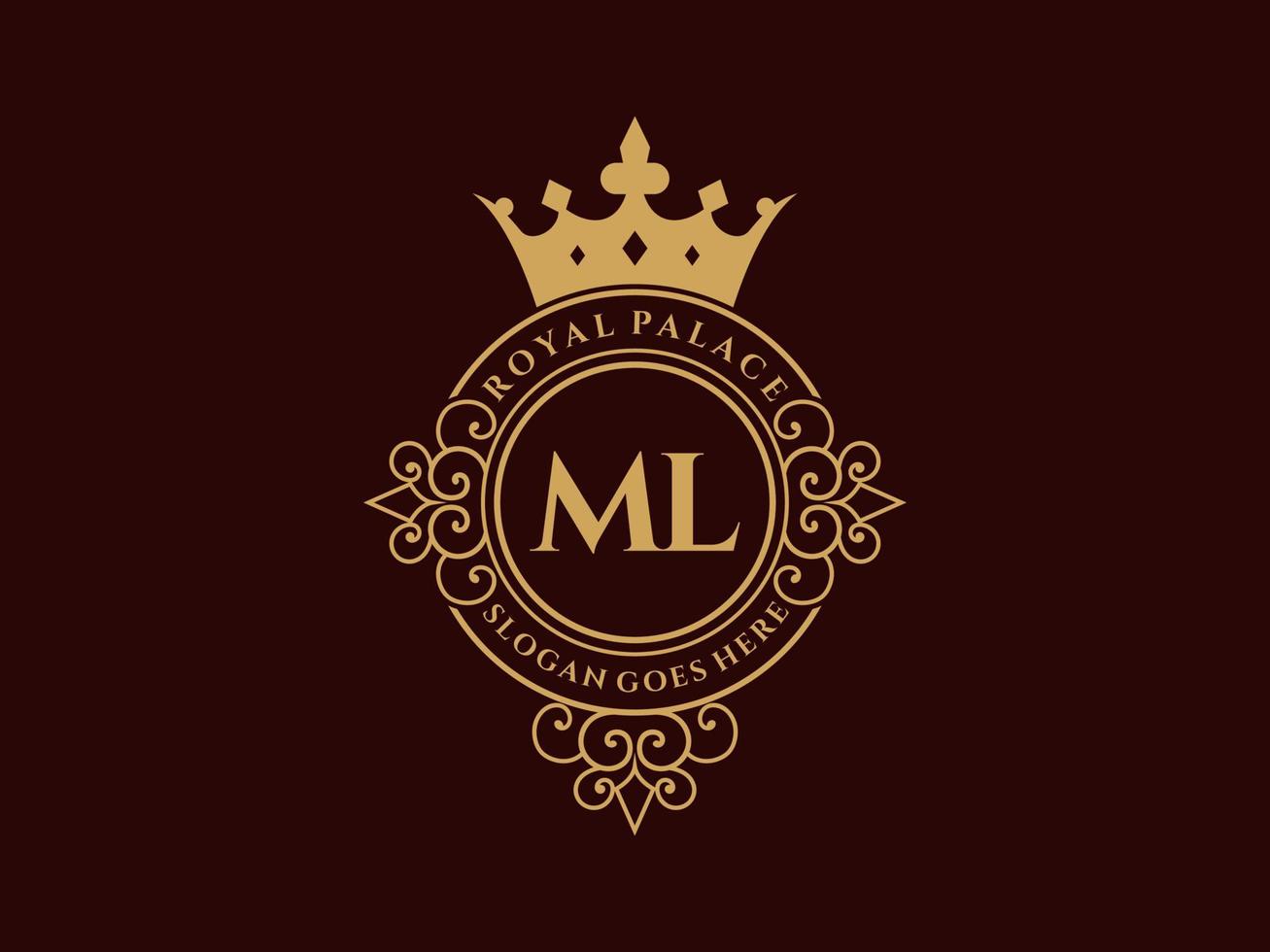 Letter ML Antique royal luxury victorian logo with ornamental frame. vector