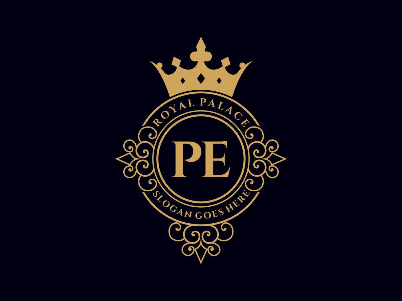 Letter PE Antique royal luxury victorian logo with ornamental frame. vector