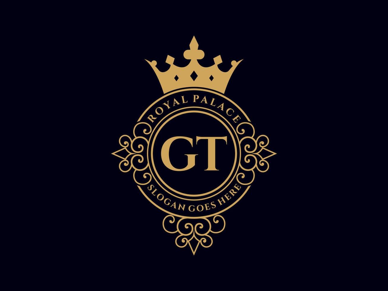 Letter GT Antique royal luxury victorian logo with ornamental frame. vector