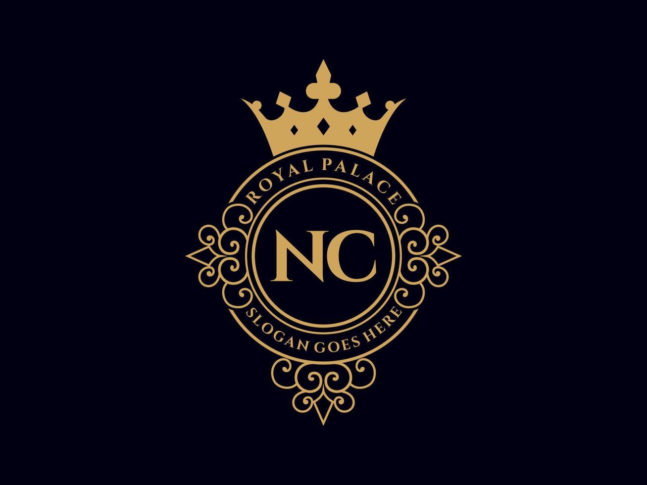 Letter NC Antique royal luxury victorian logo with ornamental frame. vector