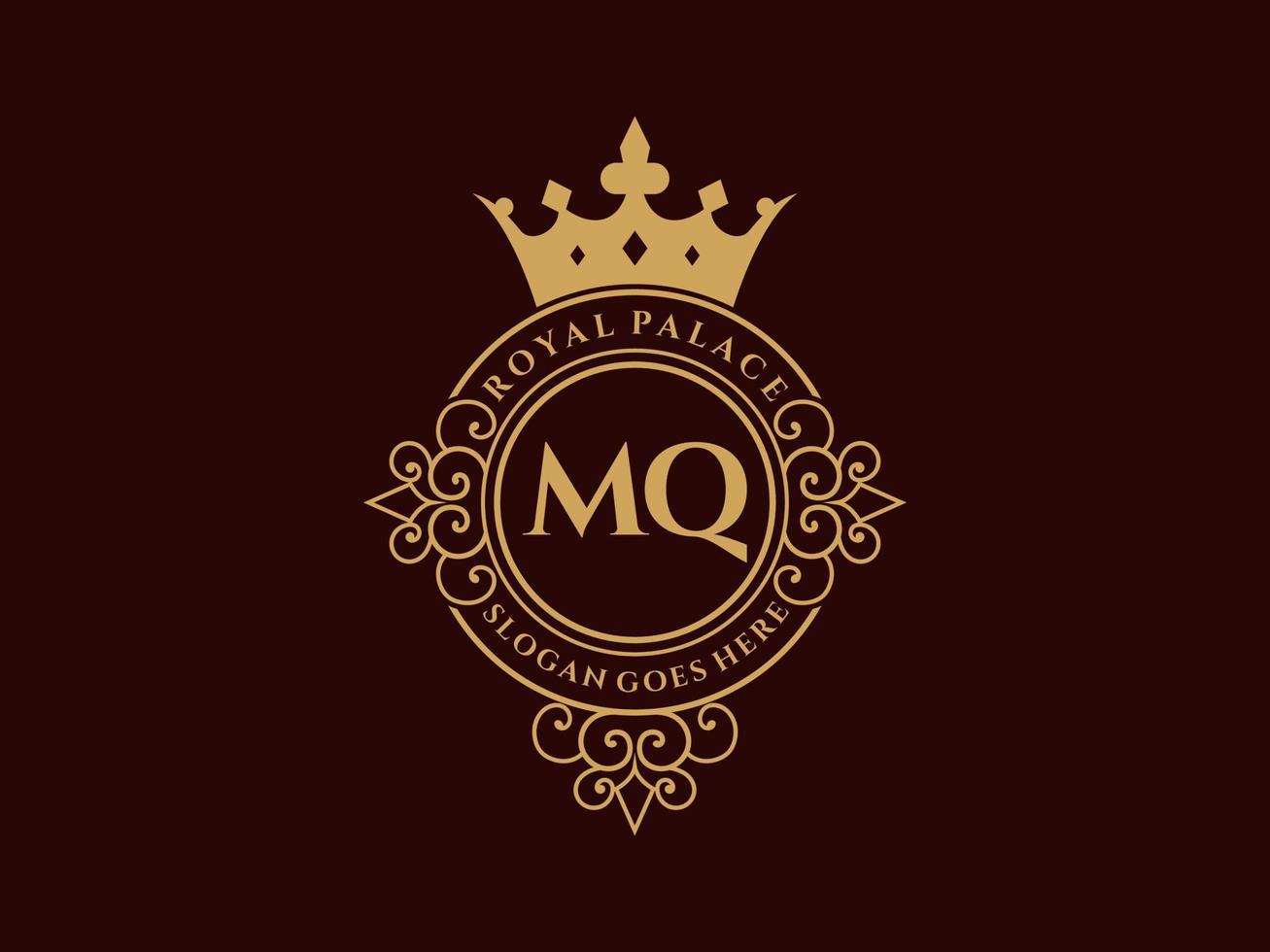 Letter MQ Antique royal luxury victorian logo with ornamental frame. vector