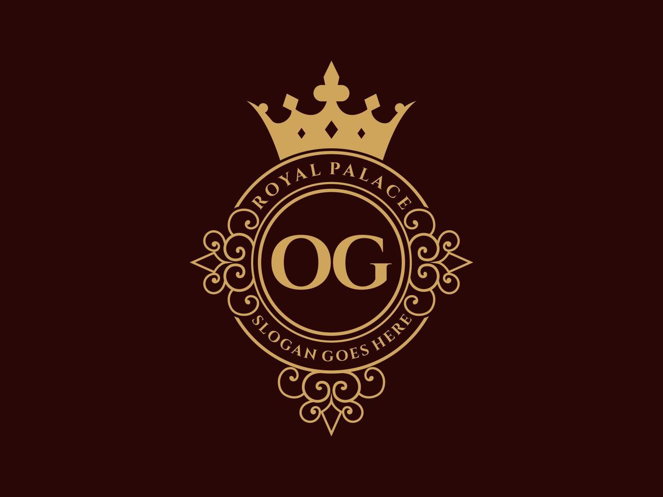 carta og logotipo victoriano de lujo real antiguo con marco ornamental. vector