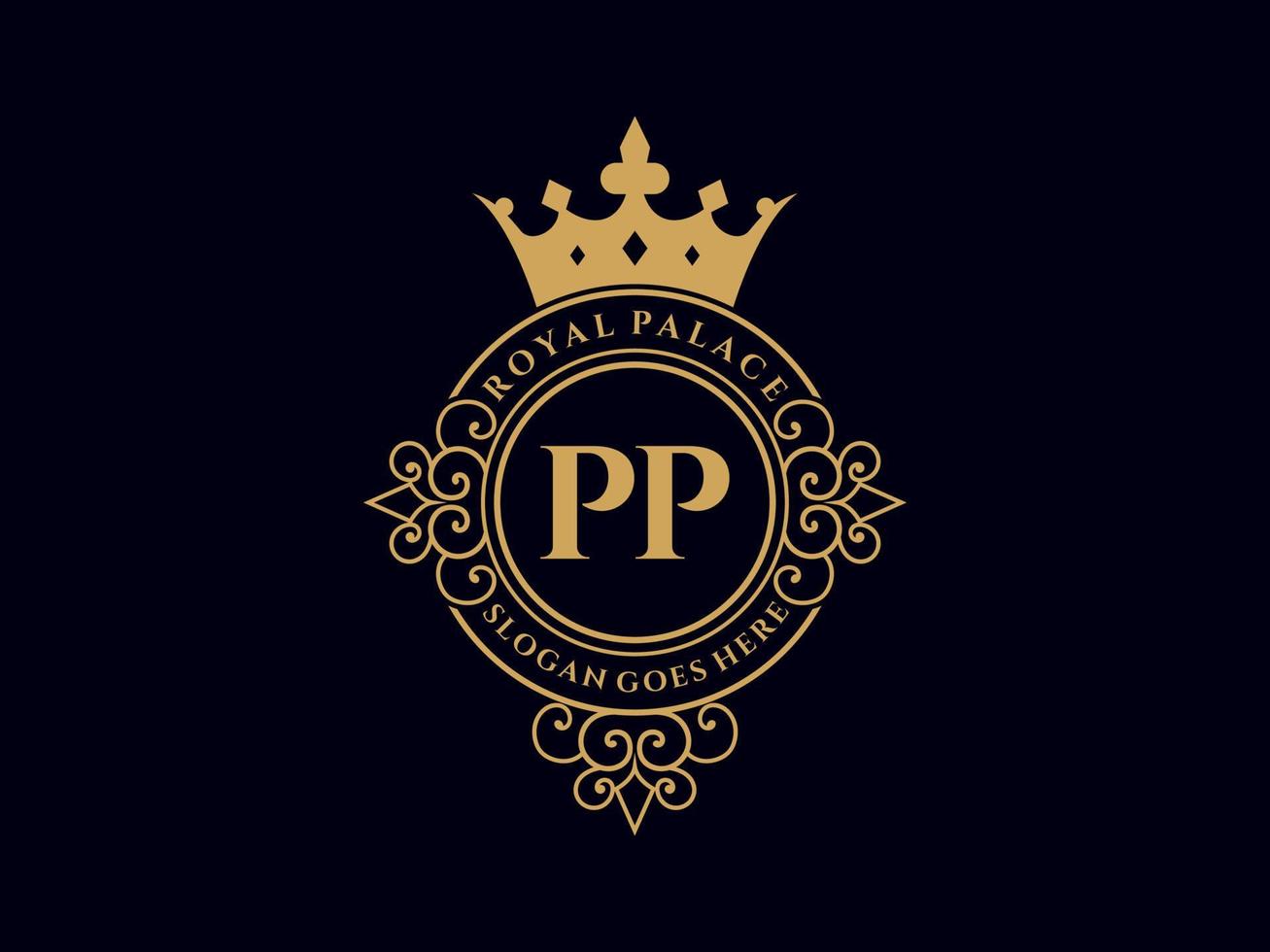 Letter PP Antique royal luxury victorian logo with ornamental frame. vector