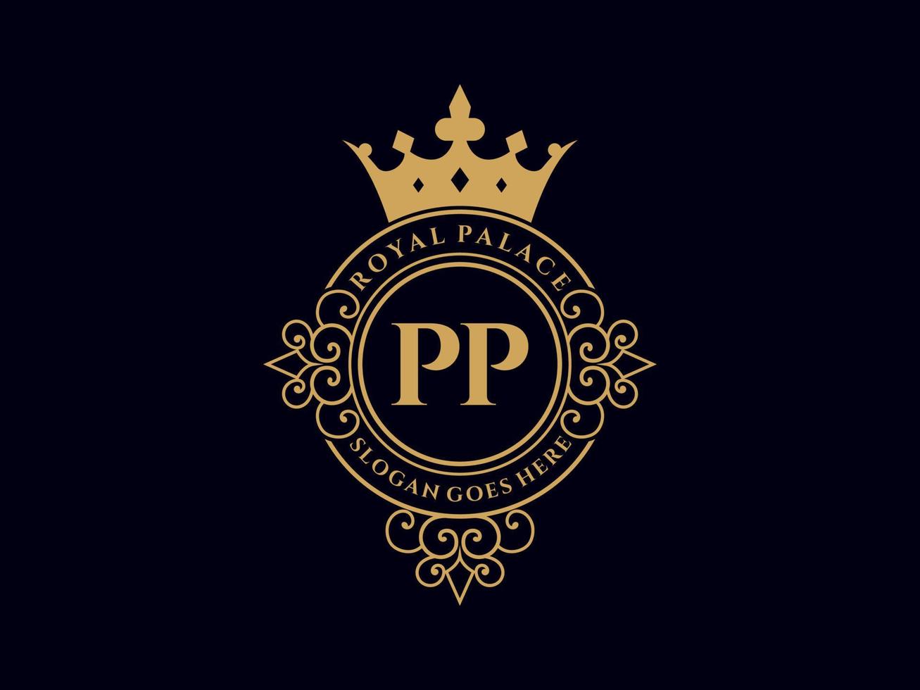 Letter PP Antique royal luxury victorian logo with ornamental frame. vector