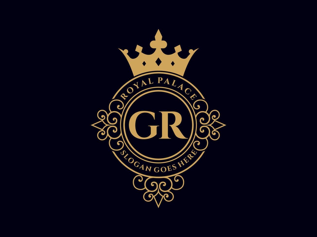 Letter GR Antique royal luxury victorian logo with ornamental frame. vector