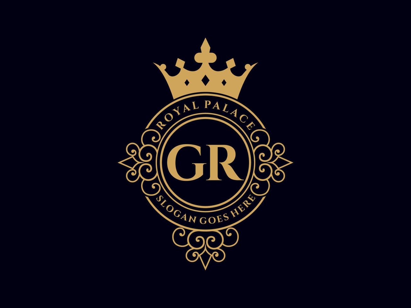 Letter GR Antique royal luxury victorian logo with ornamental frame. vector