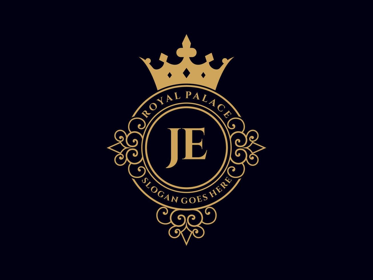 letra je logotipo victoriano de lujo real antiguo con marco ornamental. vector