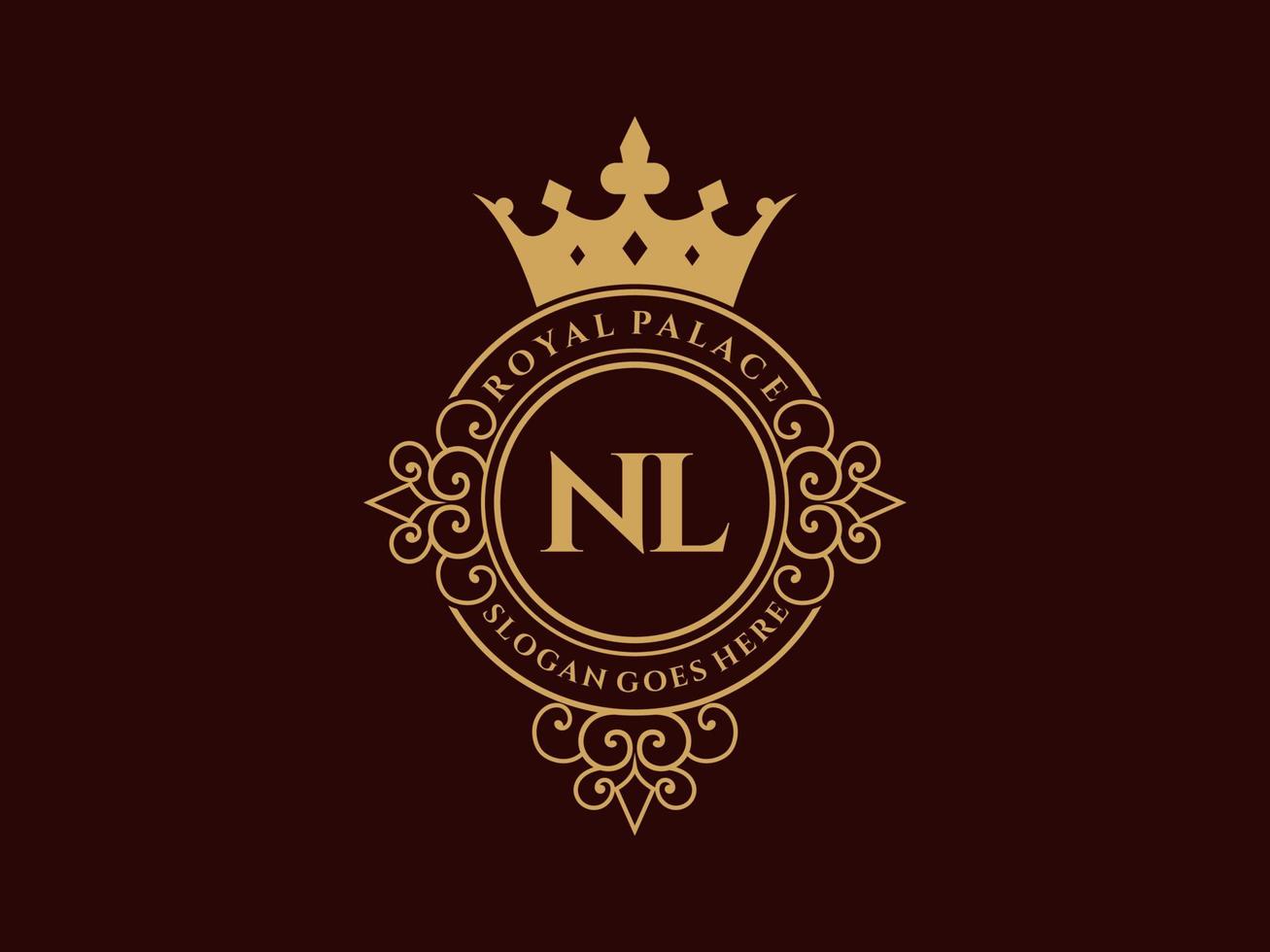 Letter NL Antique royal luxury victorian logo with ornamental frame. vector