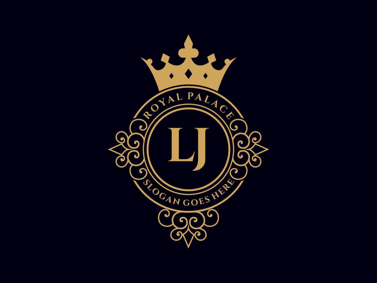 letra lj logotipo victoriano de lujo real antiguo con marco ornamental. vector