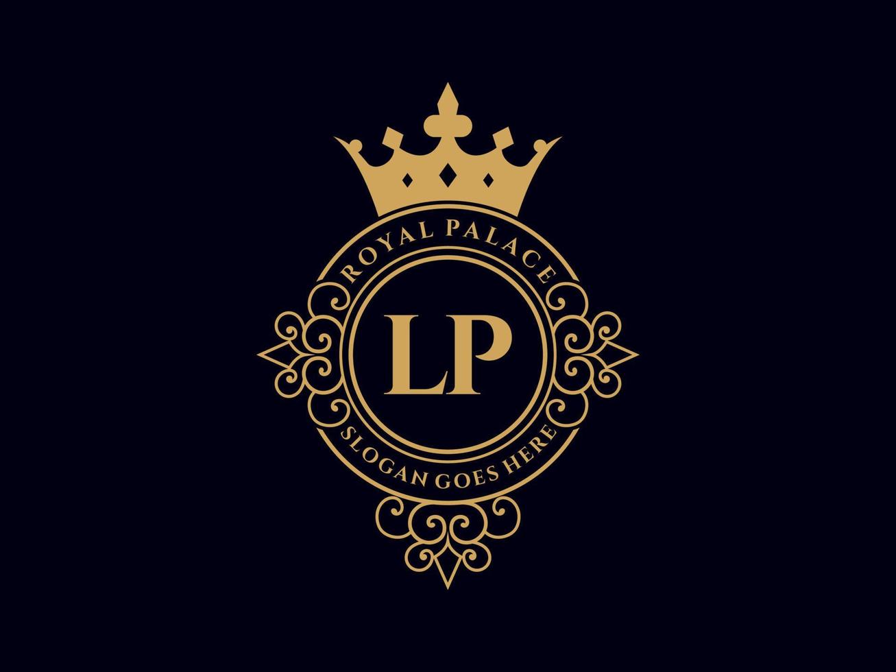 letra lp logotipo victoriano de lujo real antiguo con marco ornamental. vector