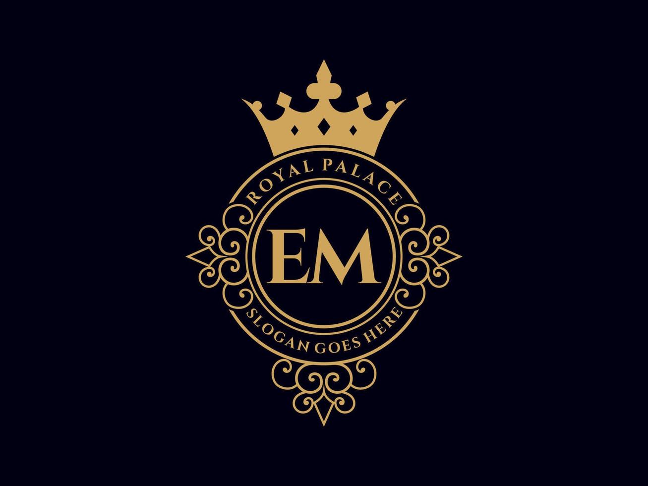 Letter EM Antique royal luxury victorian logo with ornamental frame. vector