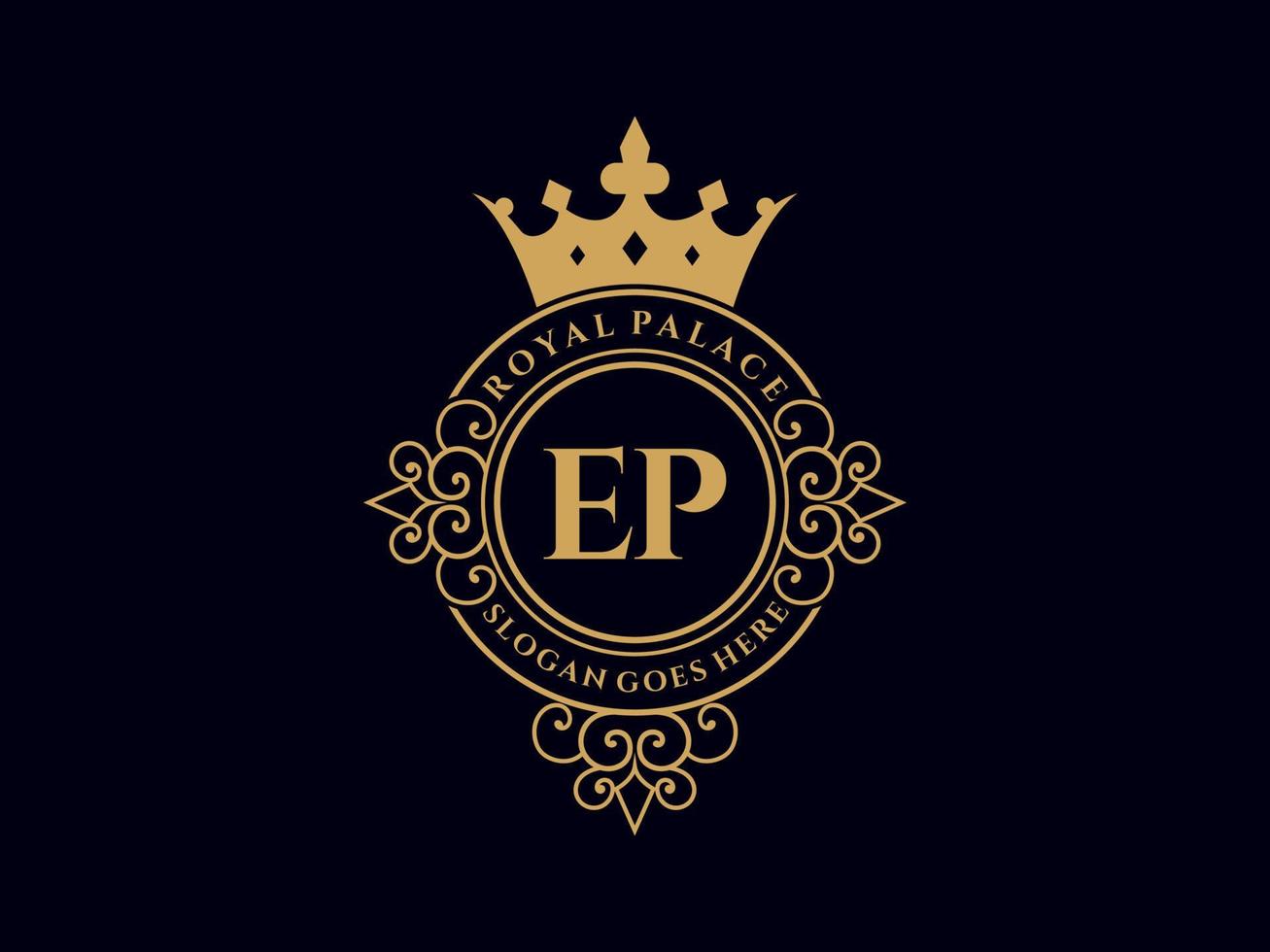 Letter EP Antique royal luxury victorian logo with ornamental frame. vector