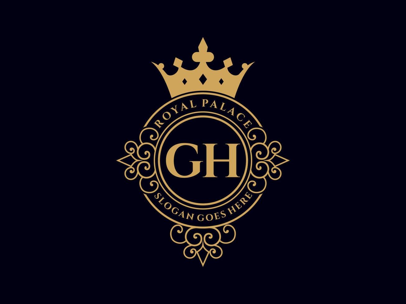 letra gh logotipo victoriano de lujo real antiguo con marco ornamental. vector