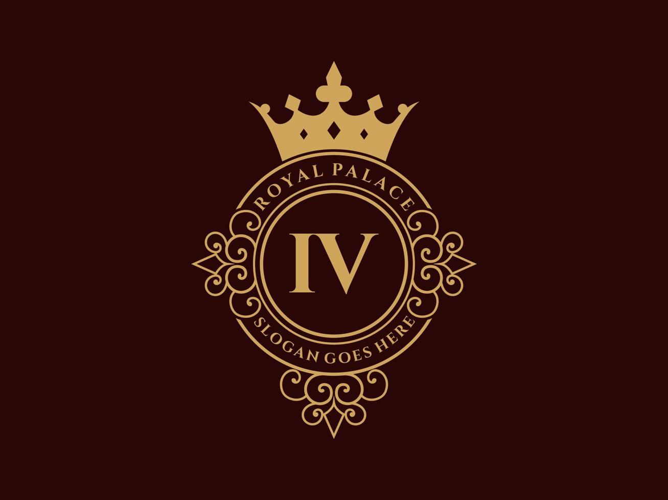 Letter IV Antique royal luxury victorian logo with ornamental frame. vector