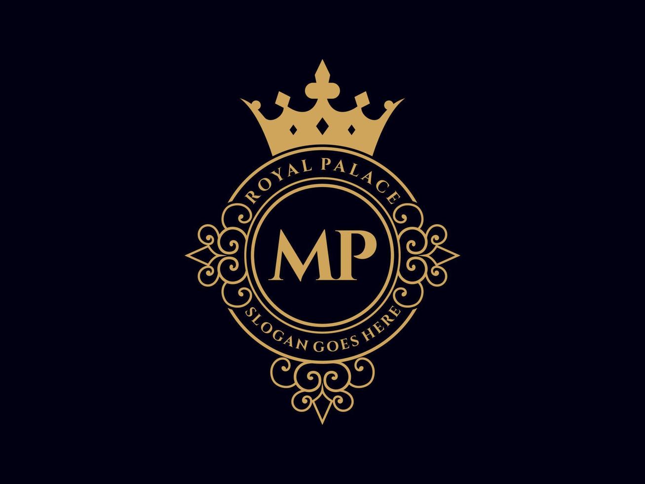 Letter MP Antique royal luxury victorian logo with ornamental frame. vector