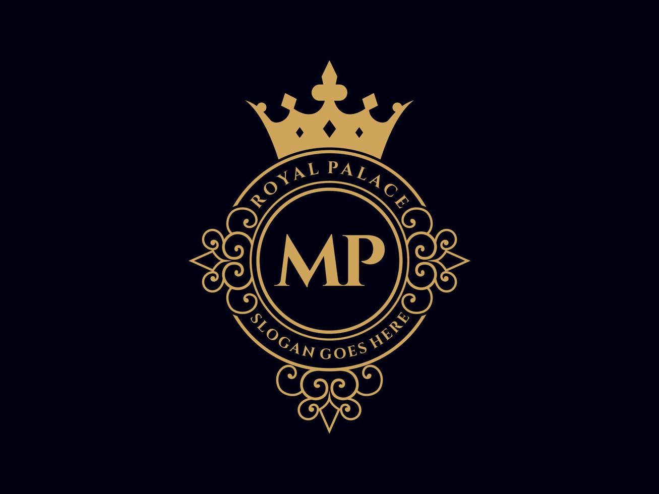 letra mp logotipo victoriano de lujo real antiguo con marco ornamental. vector