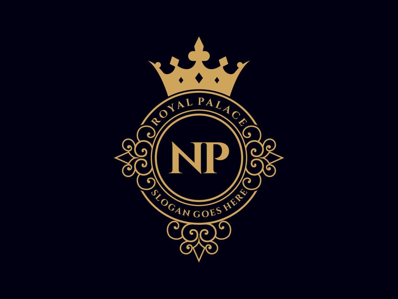 Letter NP Antique royal luxury victorian logo with ornamental frame. vector