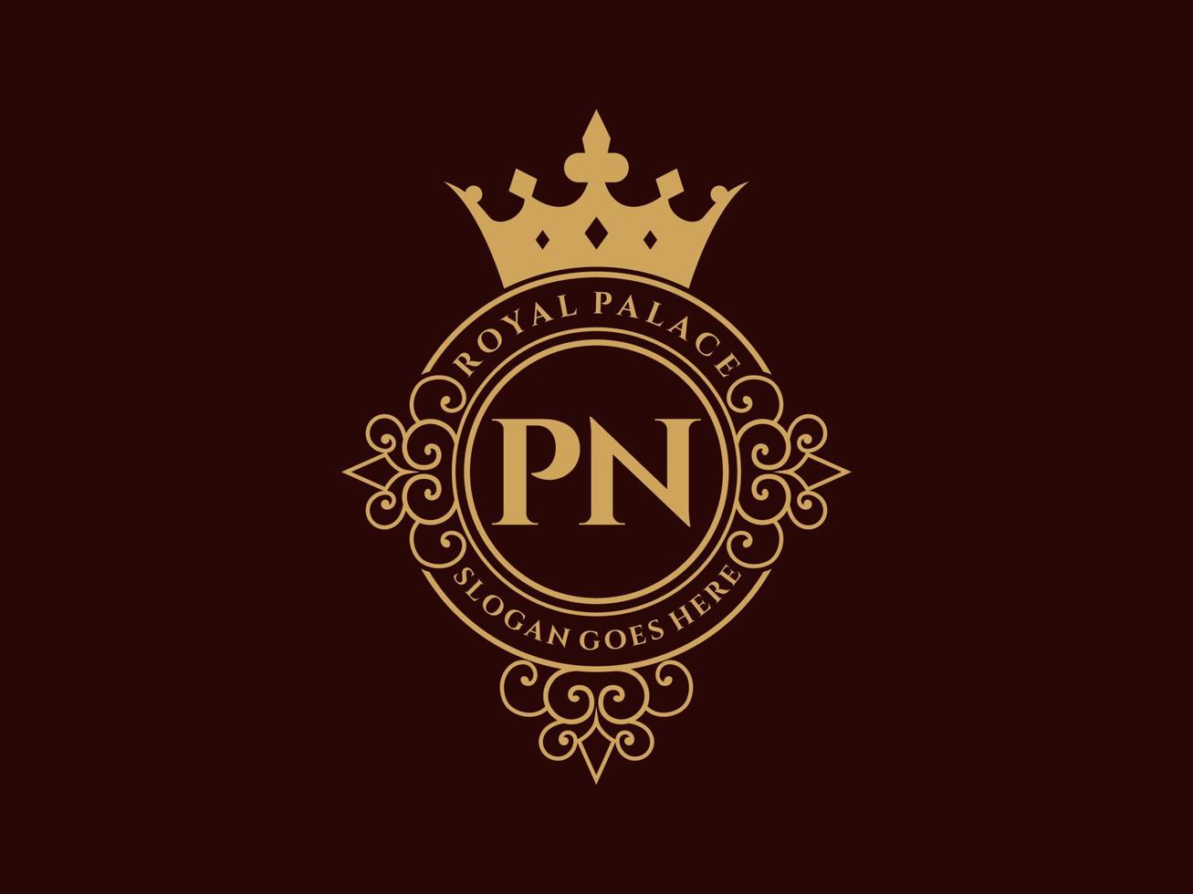 Letter PN Antique royal luxury victorian logo with ornamental frame. vector