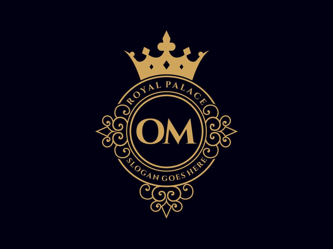 Letter OM Antique royal luxury victorian logo with ornamental frame. vector