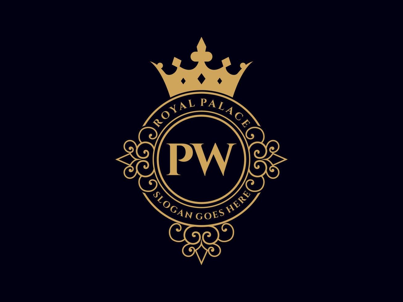 Letter PW Antique royal luxury victorian logo with ornamental frame. vector