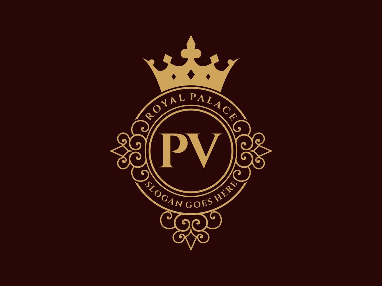 letra pv logotipo victoriano de lujo real antiguo con marco ornamental. vector