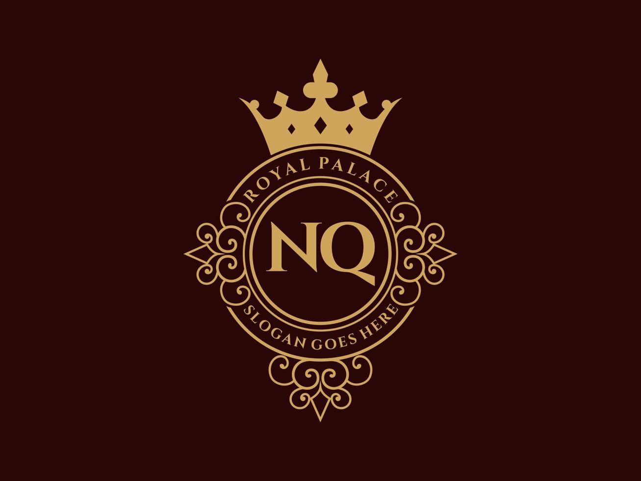 Letter NQ Antique royal luxury victorian logo with ornamental frame. vector