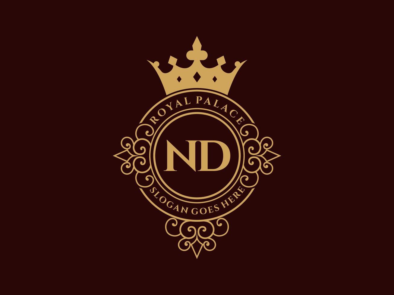 Letter ND Antique royal luxury victorian logo with ornamental frame. vector