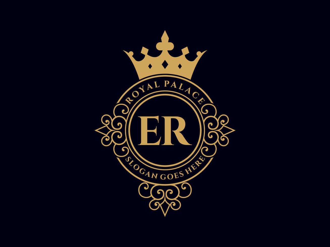 Letter ER Antique royal luxury victorian logo with ornamental frame. vector