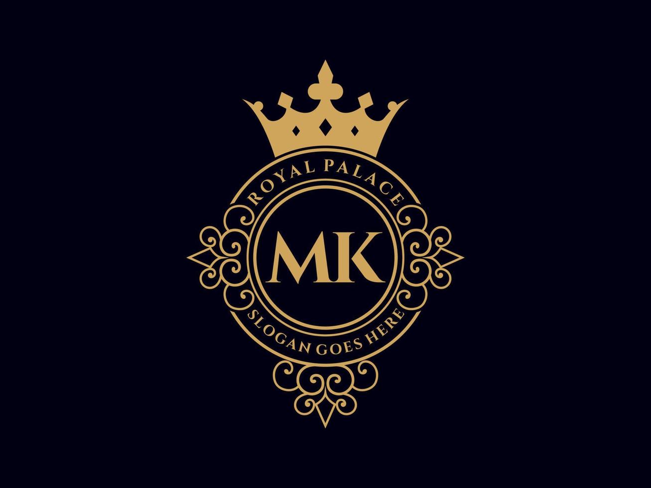 Letter MK Antique royal luxury victorian logo with ornamental frame. vector