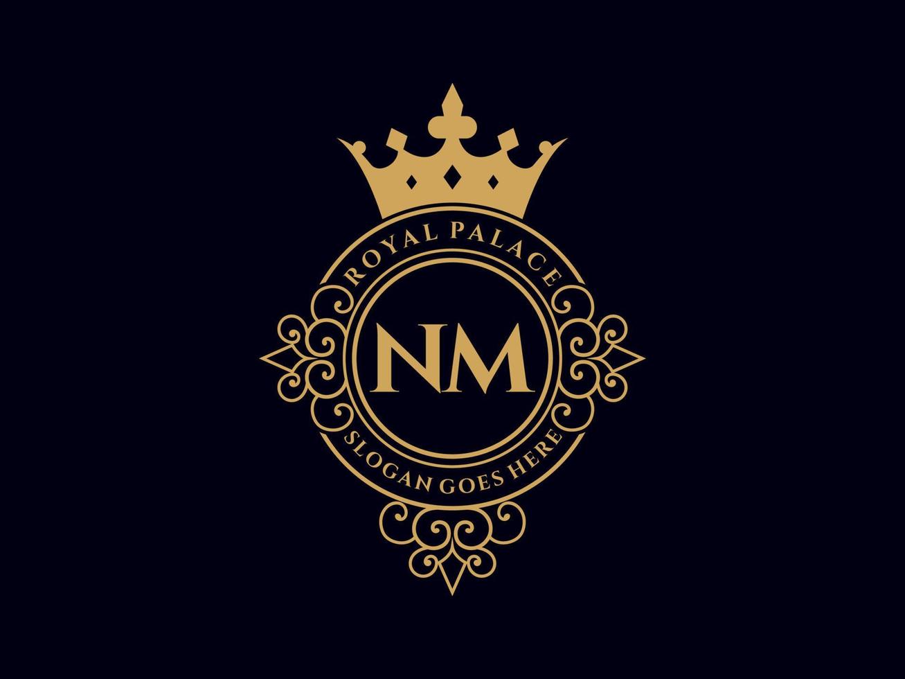 Letter NM Antique royal luxury victorian logo with ornamental frame. vector