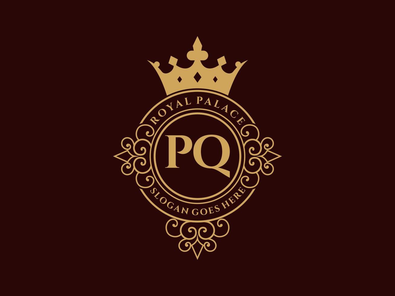 letra pq logotipo victoriano de lujo real antiguo con marco ornamental. vector