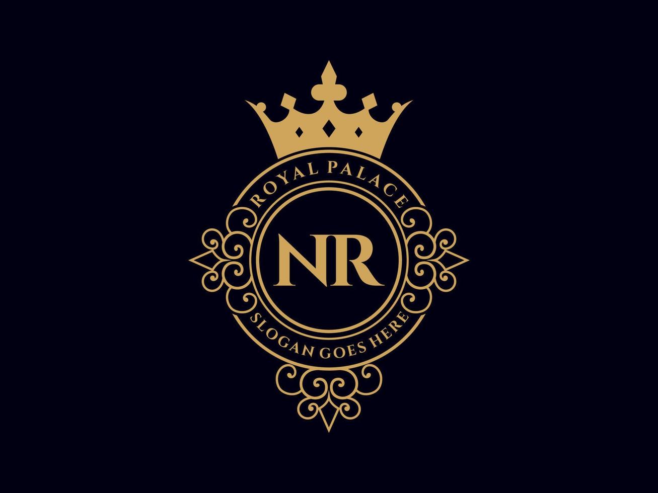 Letter NR Antique royal luxury victorian logo with ornamental frame. vector