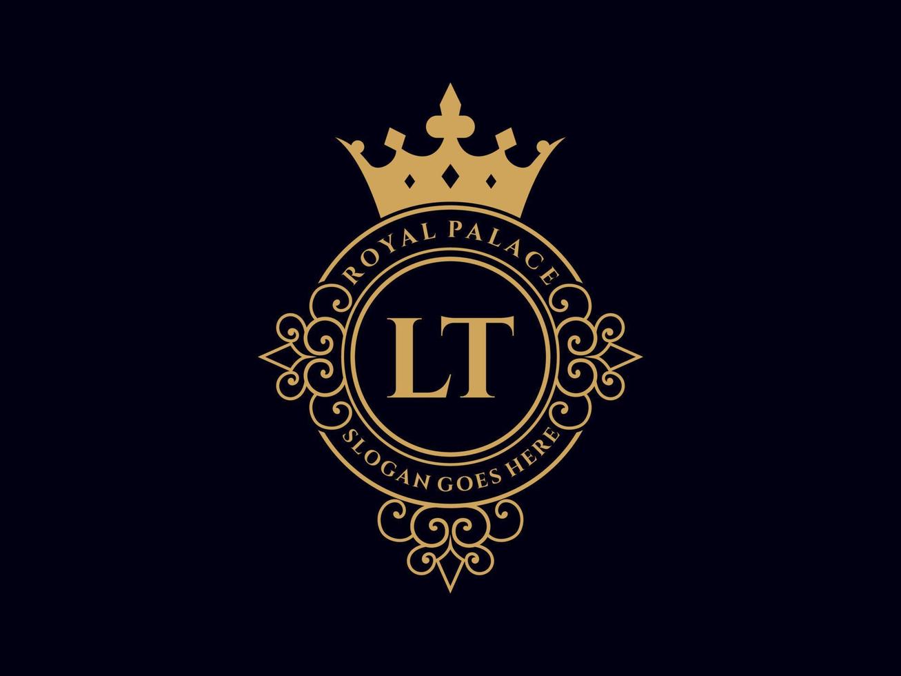 letra lt logotipo victoriano de lujo real antiguo con marco ornamental. vector