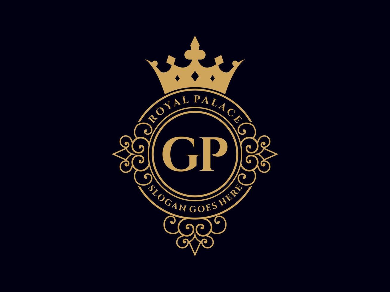 letra gp logotipo victoriano de lujo real antiguo con marco ornamental. vector