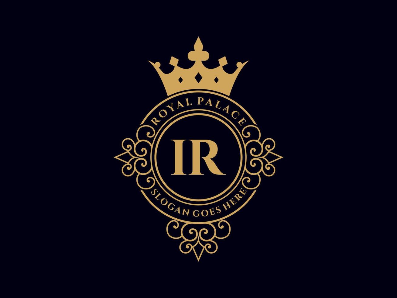 Letter IR Antique royal luxury victorian logo with ornamental frame. vector