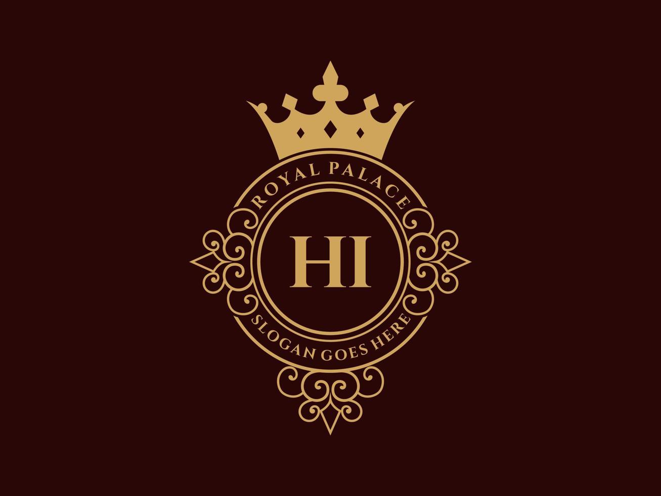 Letter HI Antique royal luxury victorian logo with ornamental frame. vector