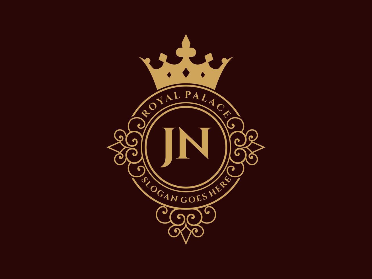 Letter JN Antique royal luxury victorian logo with ornamental frame. vector