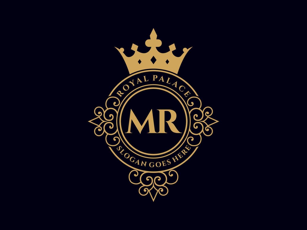 Letter MR Antique royal luxury victorian logo with ornamental frame. vector