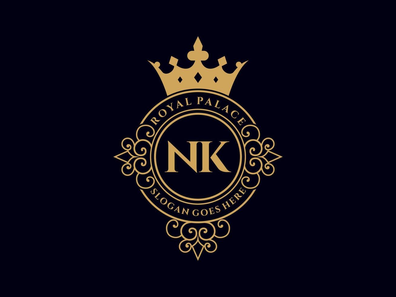 Letter NK Antique royal luxury victorian logo with ornamental frame. vector