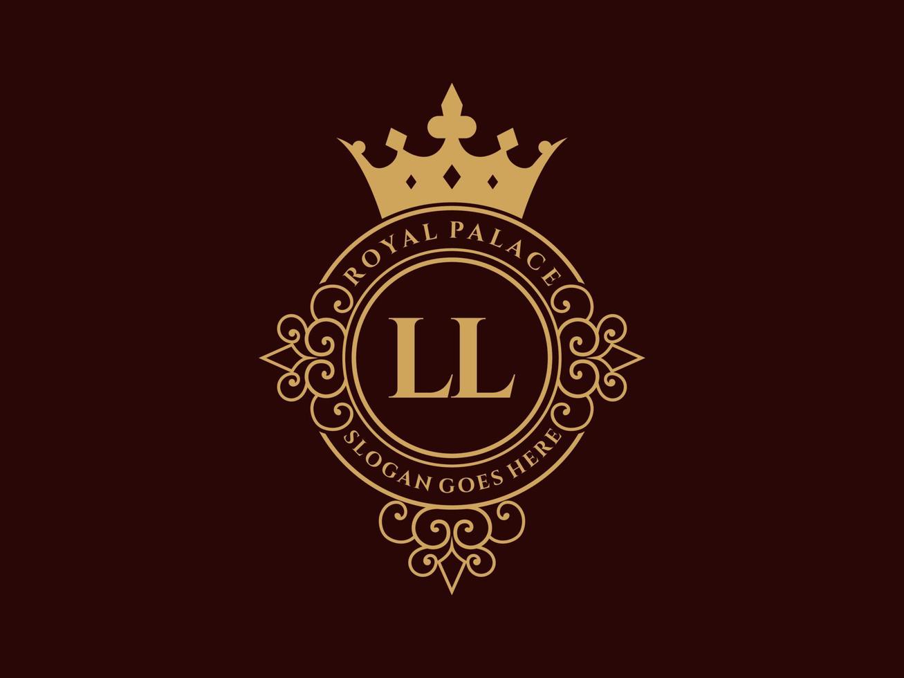Letter LL Antique royal luxury victorian logo with ornamental frame. vector