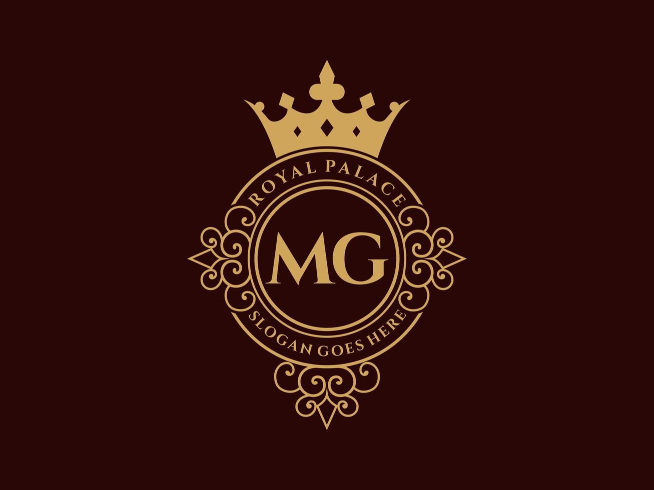 letra mg logotipo victoriano de lujo real antiguo con marco ornamental. vector