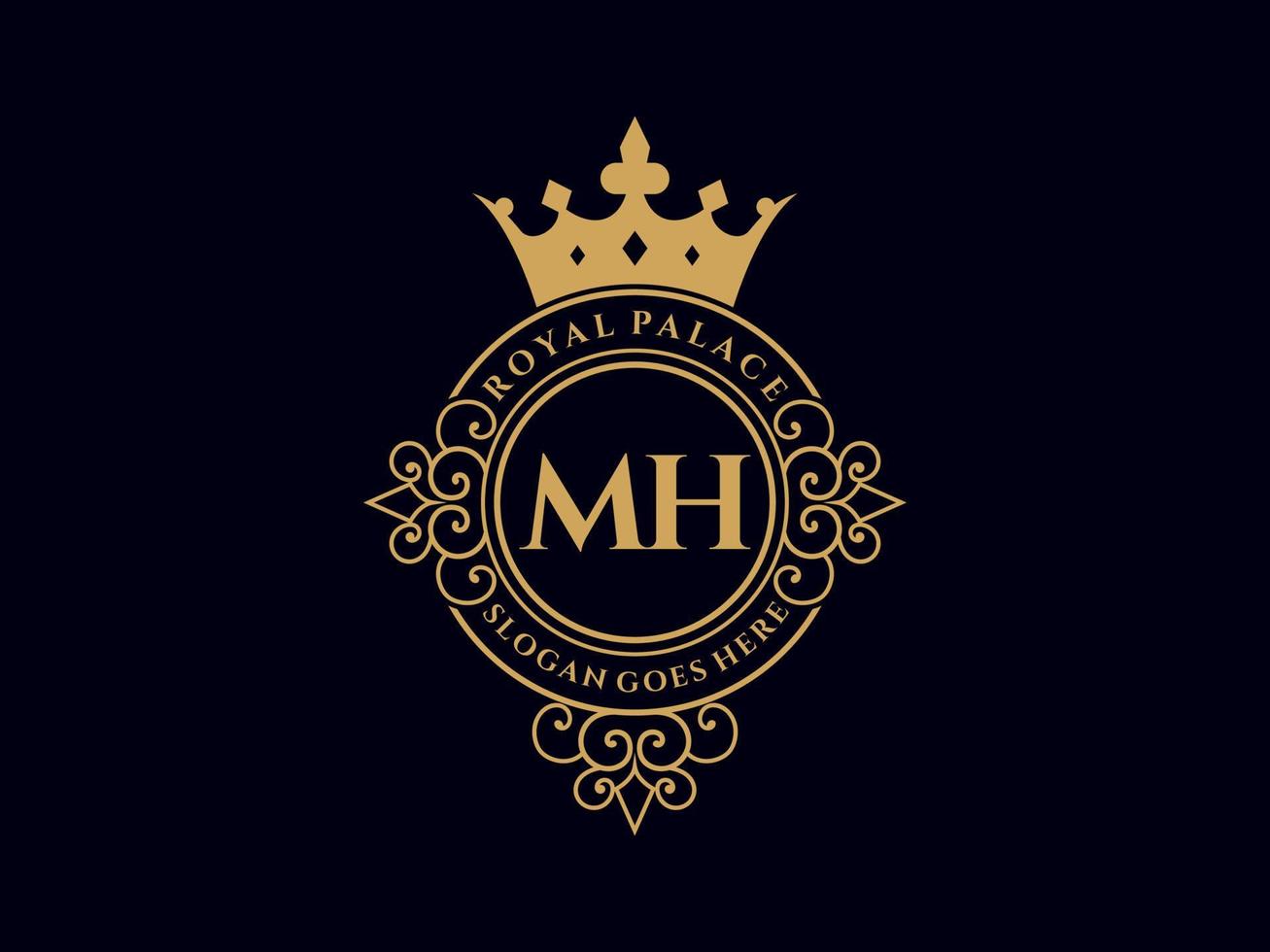 Letter MH Antique royal luxury victorian logo with ornamental frame. vector