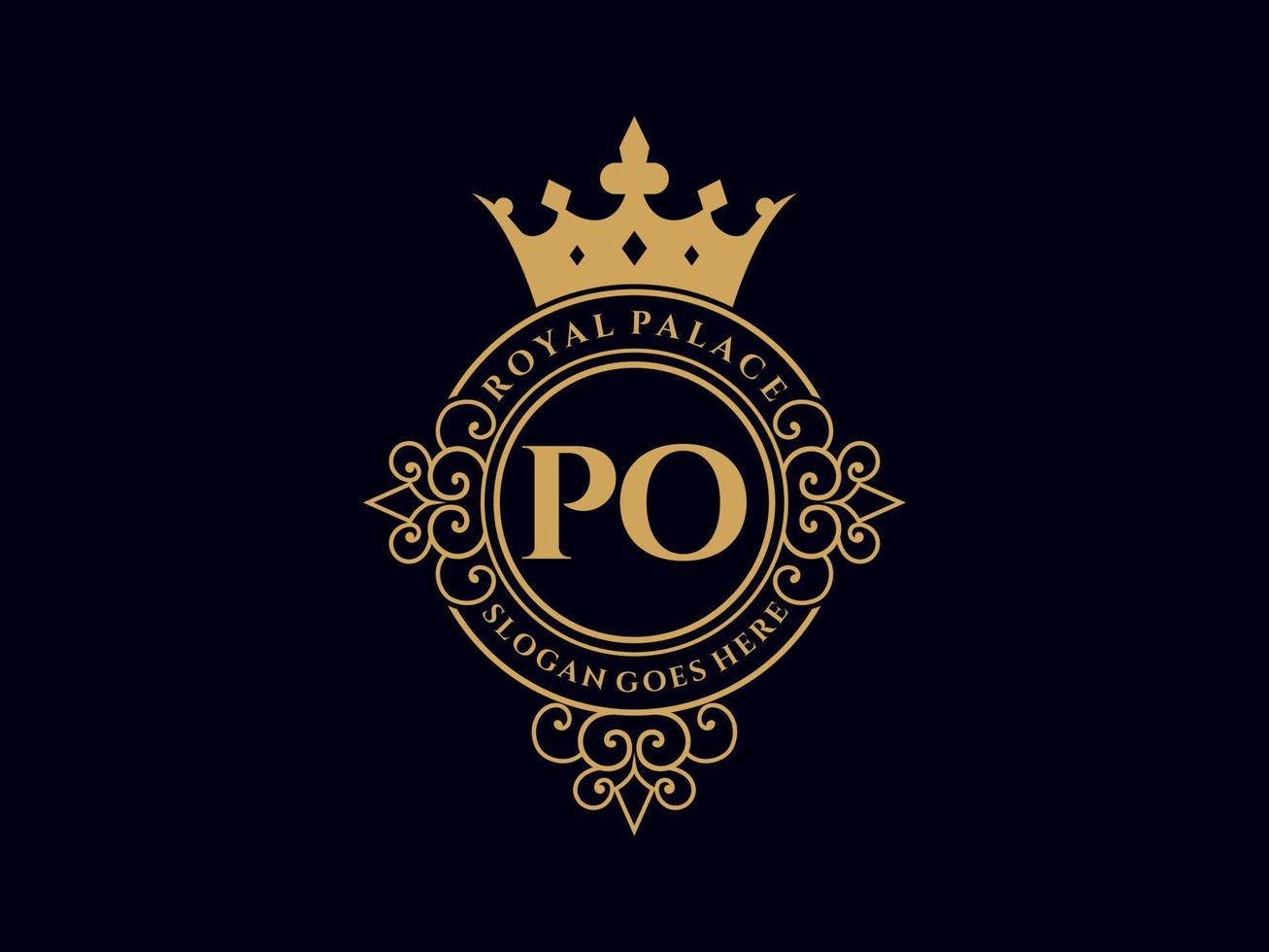 letra po antiguo logotipo victoriano real de lujo con marco ornamental. vector