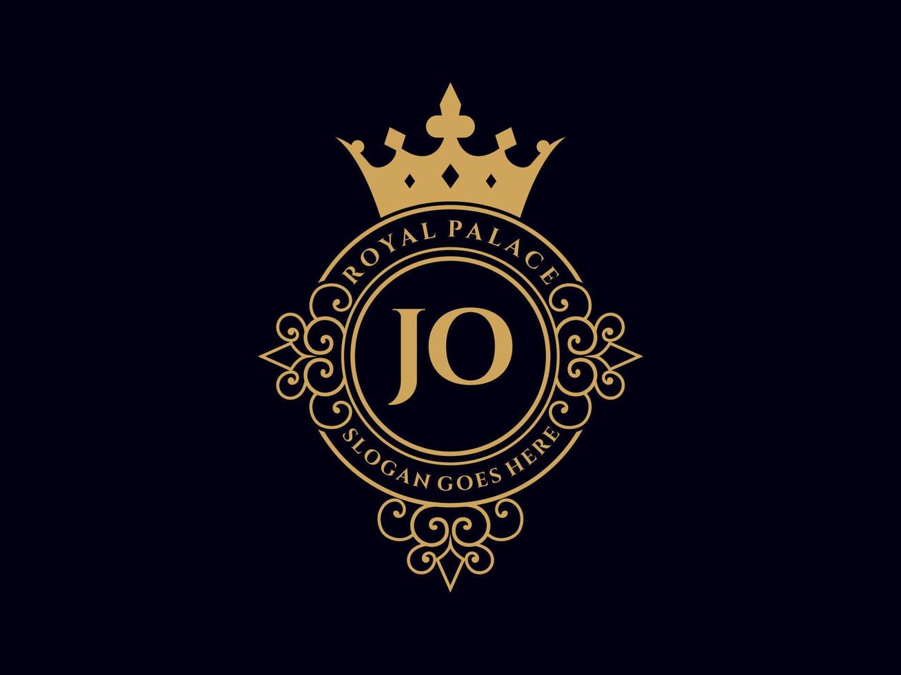 letra jo logotipo victoriano de lujo real antiguo con marco ornamental. vector